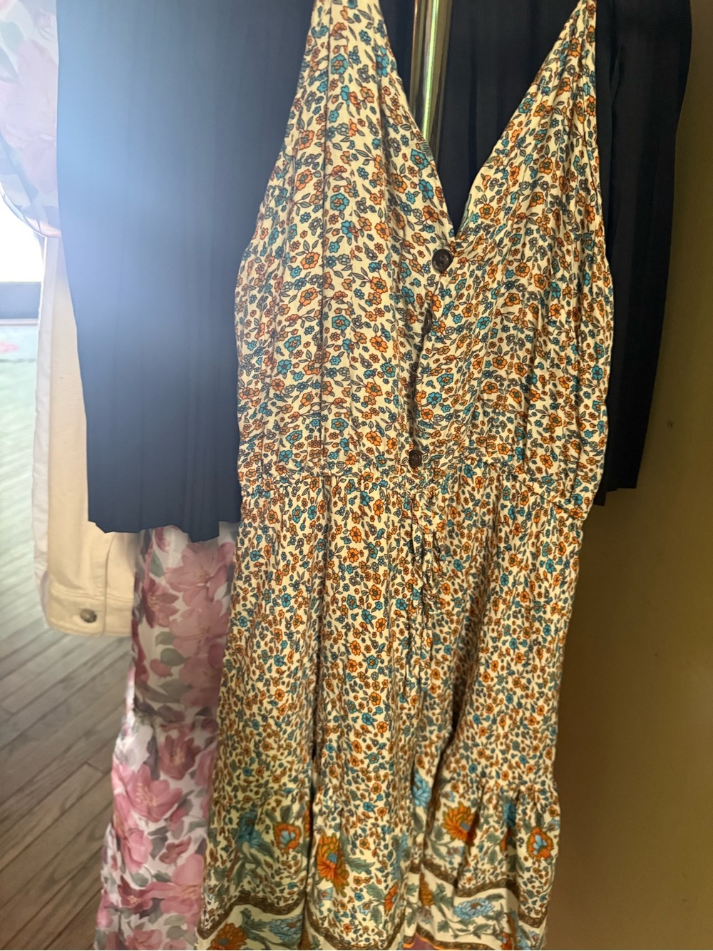 Sleeveless Floral Midi Dress in Cream and Teal